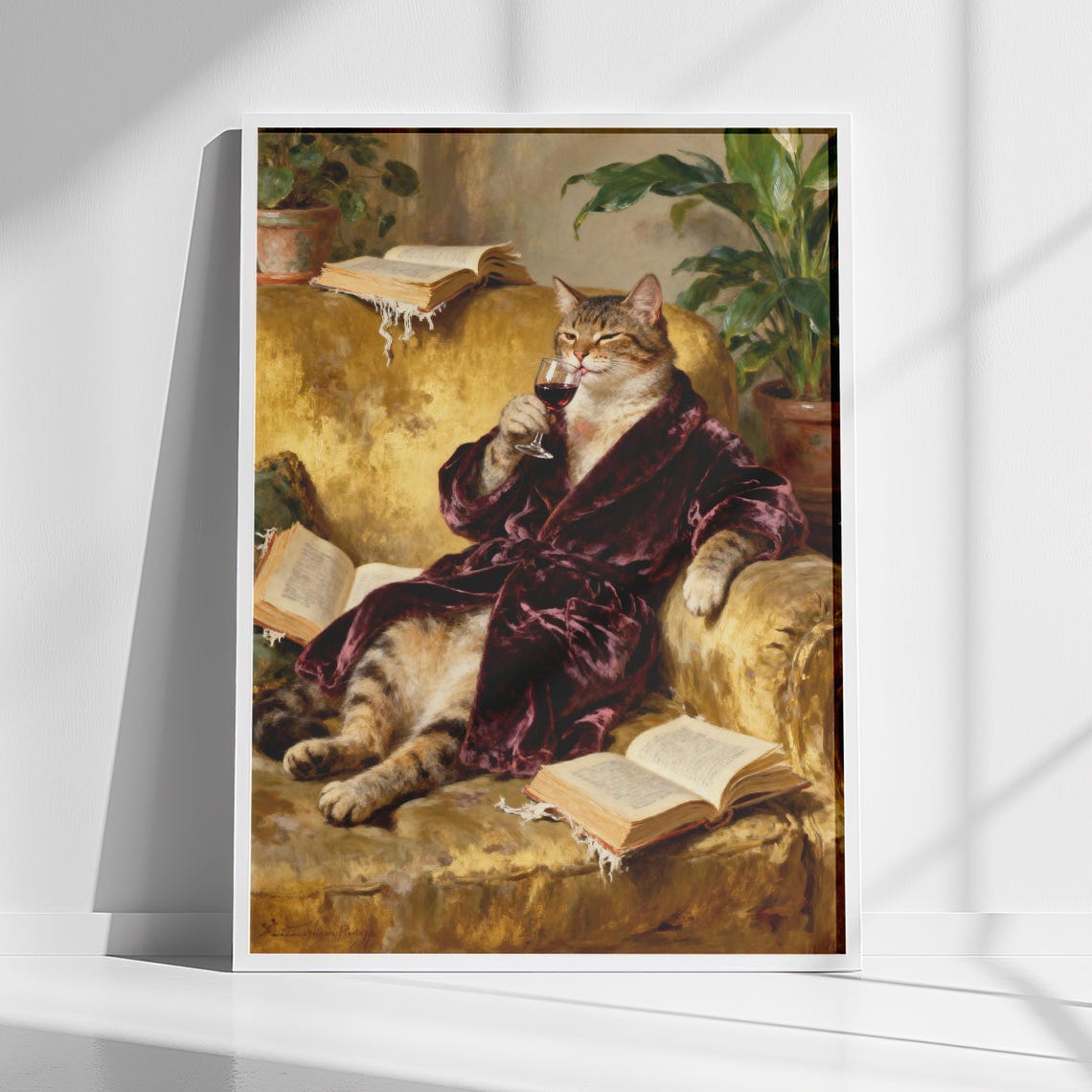 Aristocratic Cat in Velvet Robe Sipping Wine Library Art Poster