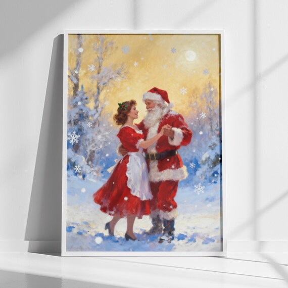 Santa and Mrs Claus Dancing in Snow Vintage Christmas Poster