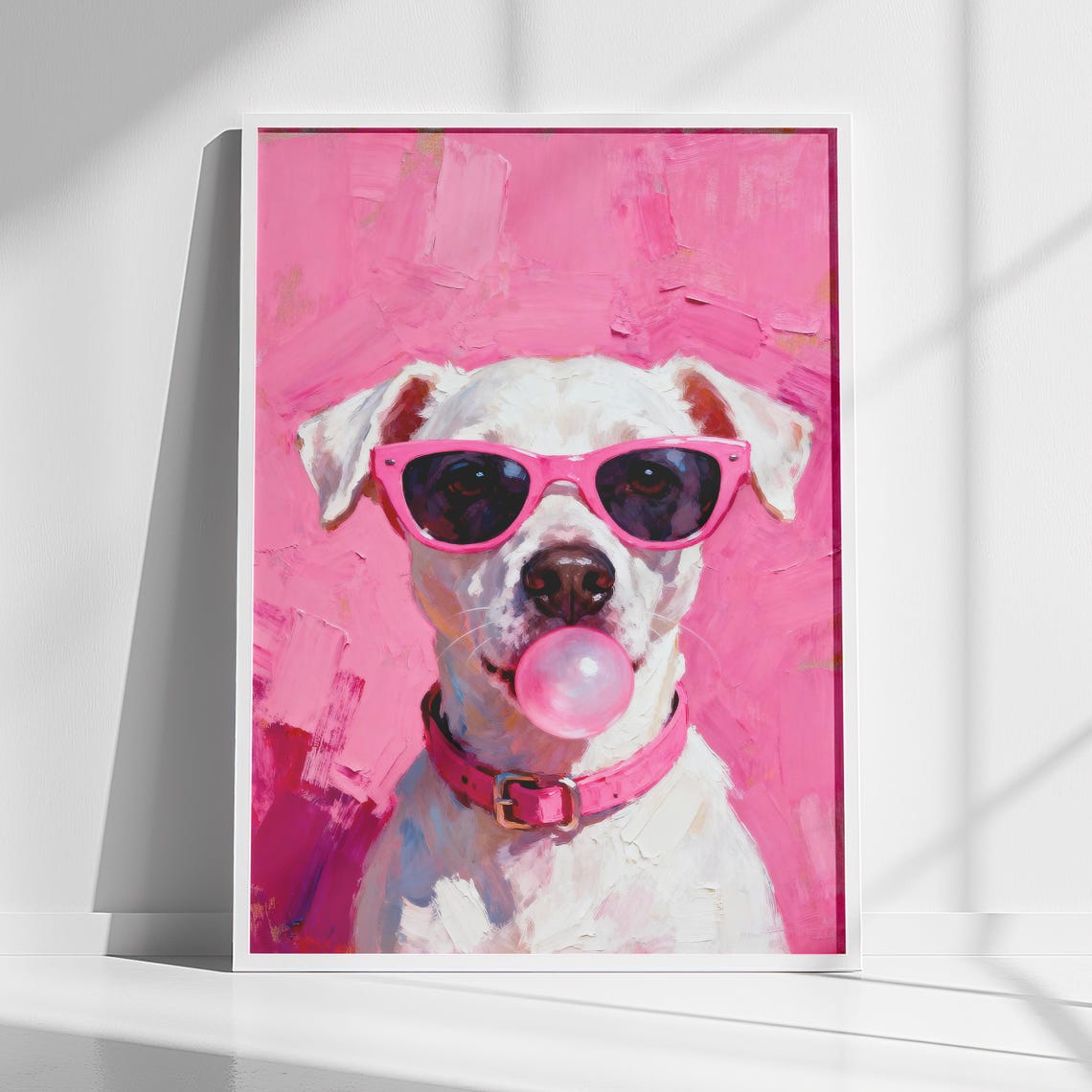 Funny Puppy in Pink Sunglasses Blowing Bubblegum Bubble Wall Art