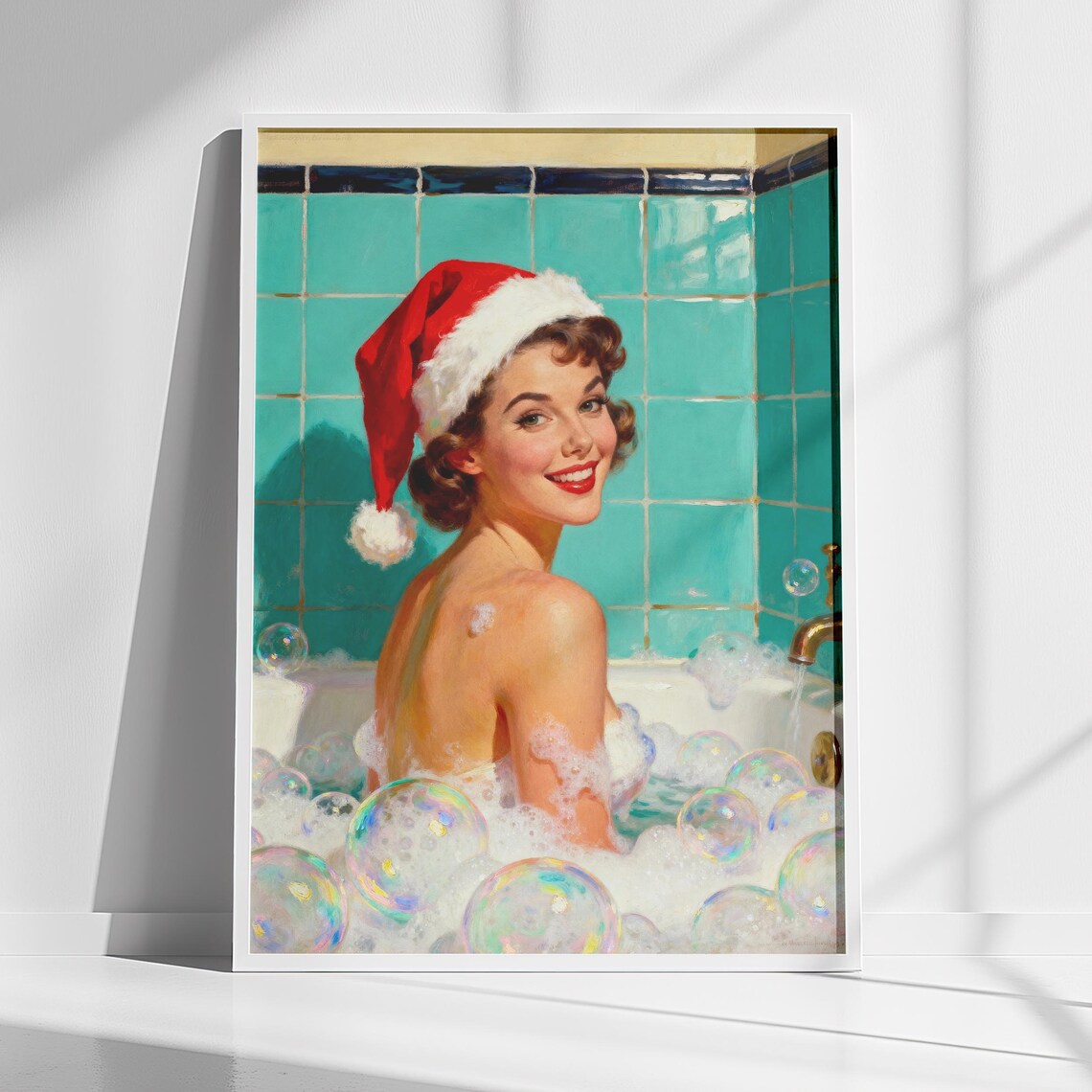 Retro Pin Up Girl Santa Hat Bubble Bath Christmas Vintage Poster
