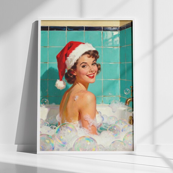 Retro Pin Up Girl Santa Hat Bubble Bath Christmas Vintage Poster