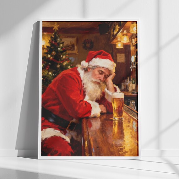 Tired Santa Claus Napping at the Bar Funny Holiday Christmas Poster