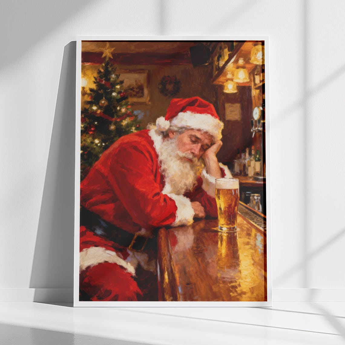 Tired Santa Claus Napping at the Bar Funny Holiday Christmas Poster