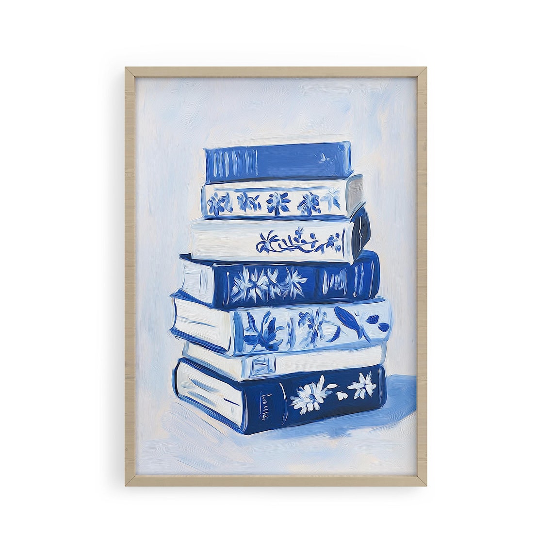 Stack of Blue Books with Floral Spines Reading Nook Wall Art