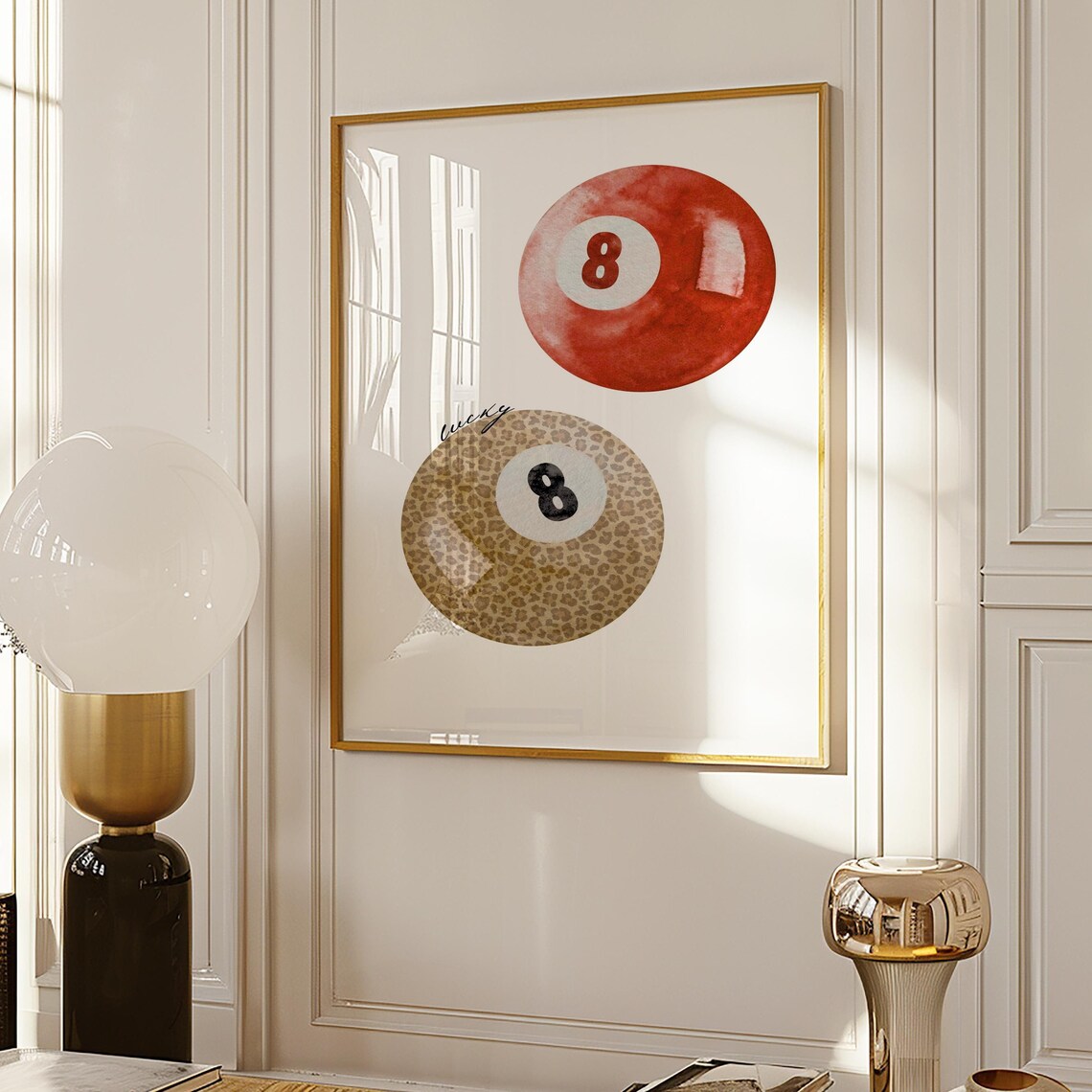 Lucky Leopard and Red Watercolor Eight Ball Game Room Trendy Poster - Image 4