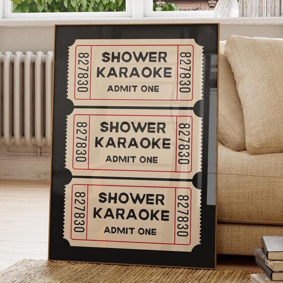 Shower Karaoke Ticket Poster, Retro Funny Bathroom Decor