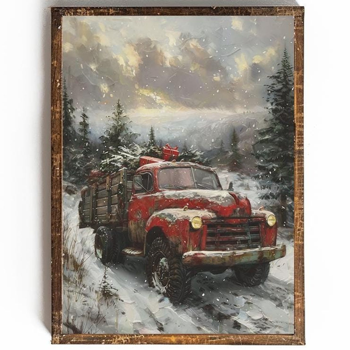 Red Vintage Truck Hauling Christmas Tree Through Snowy Pines Poster