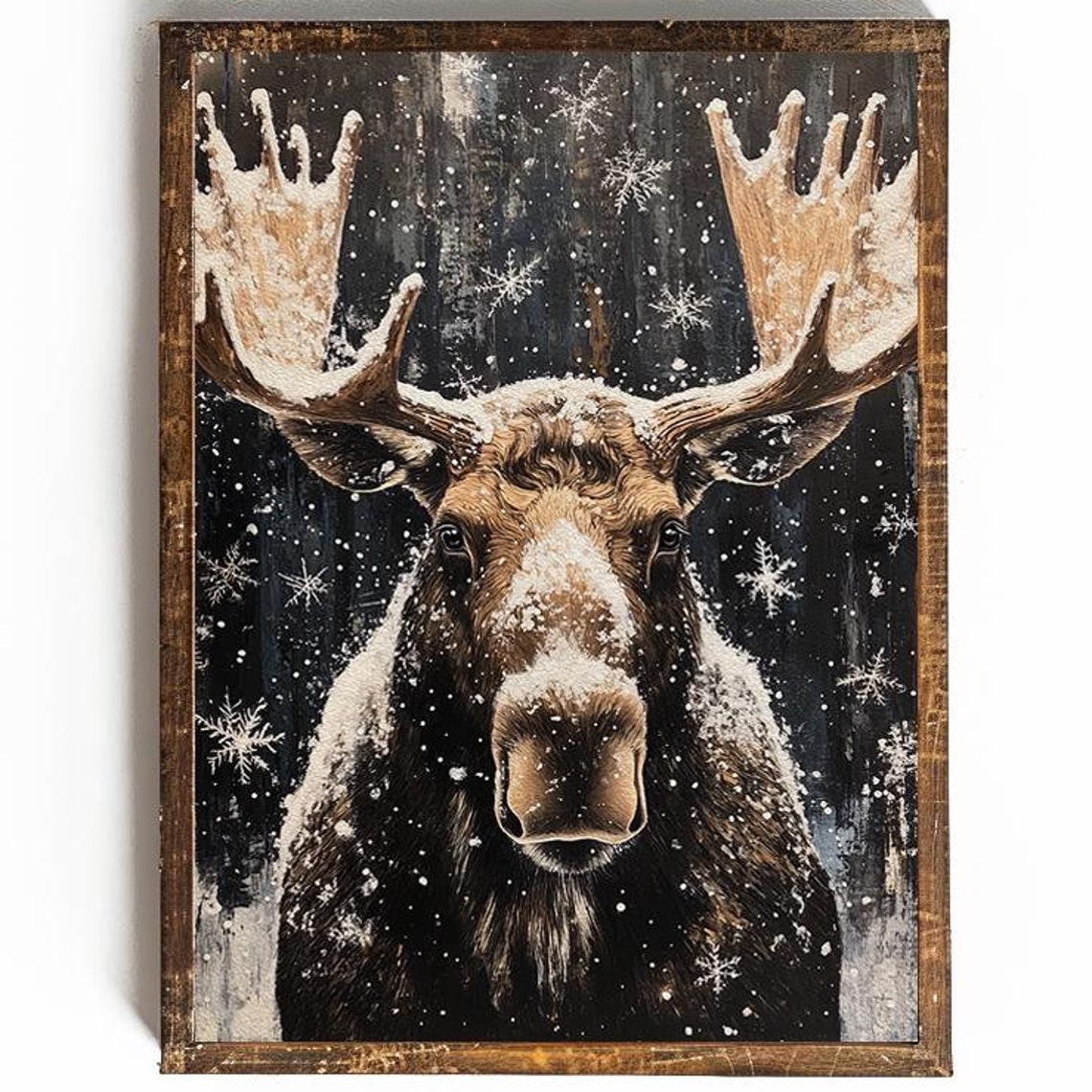 Moose Portrait in Falling Snow Against a Dark Winter Forest Poster