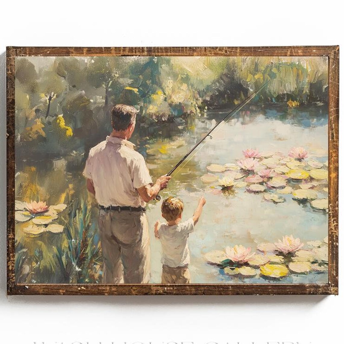 Father and Son Fishing Together on the Sunny Lily Pond Poster