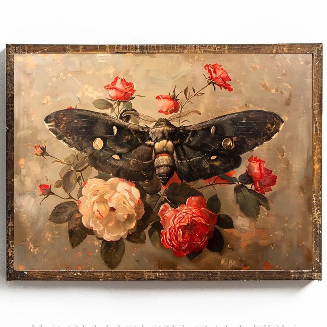Giant Dark Moth With Red And Blush Roses Vintage Romance Art Poster