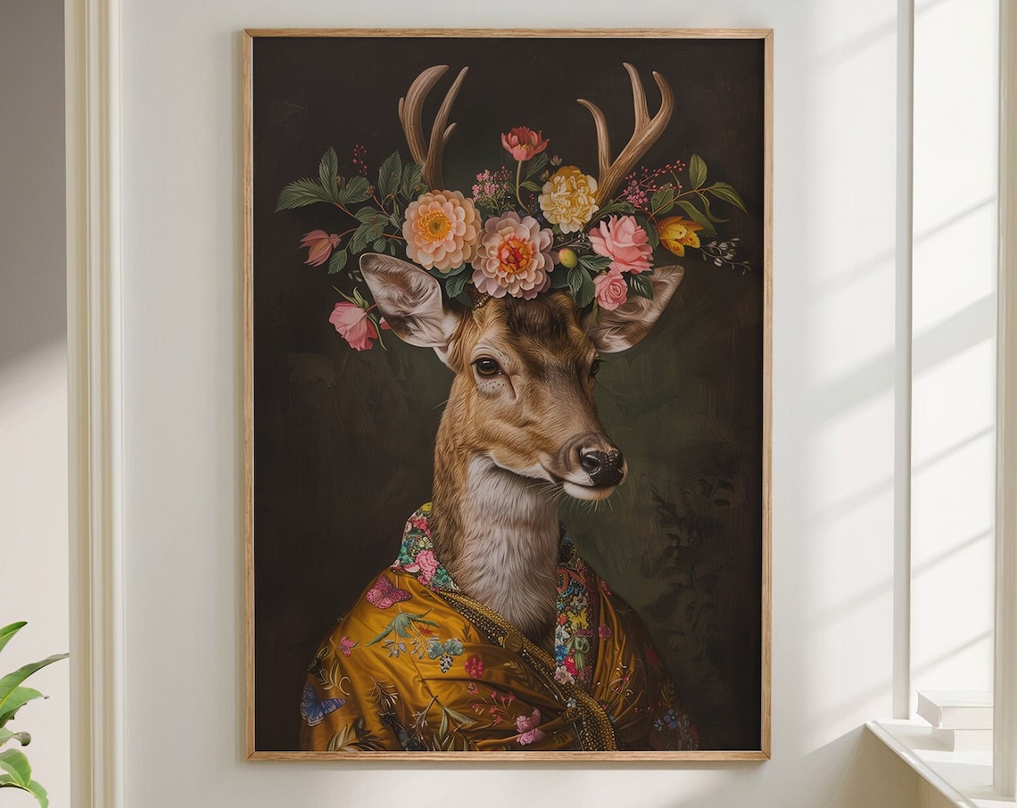 Deer Flower Crown Portrait Antlered Stag Floral Cape Wall Art
