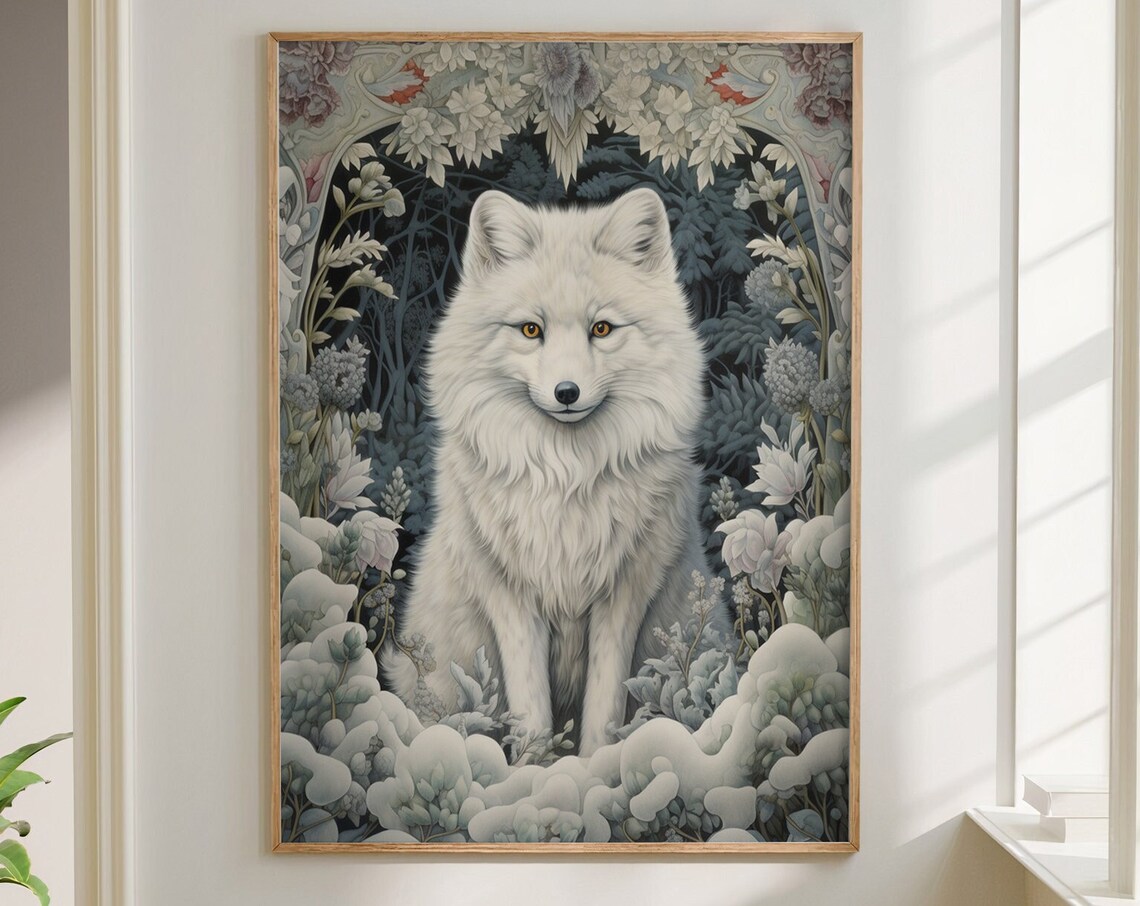 William Morris Inspired Arctic Fox Winter Art Print