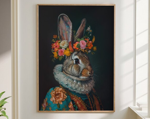 Rabbit Lace Ruff Flower Crown Regal Maximalist Portrait Wall Art