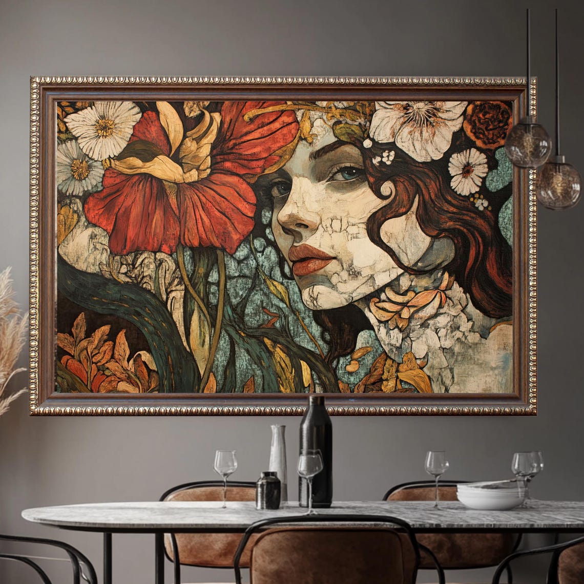 William Morris Inspired Vintage Floral Woman Portrait Art Wall Poster