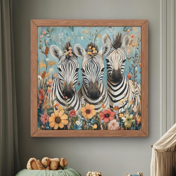 Three Baby Zebras Flower Garden Nursery Kids Room Safari Print Art