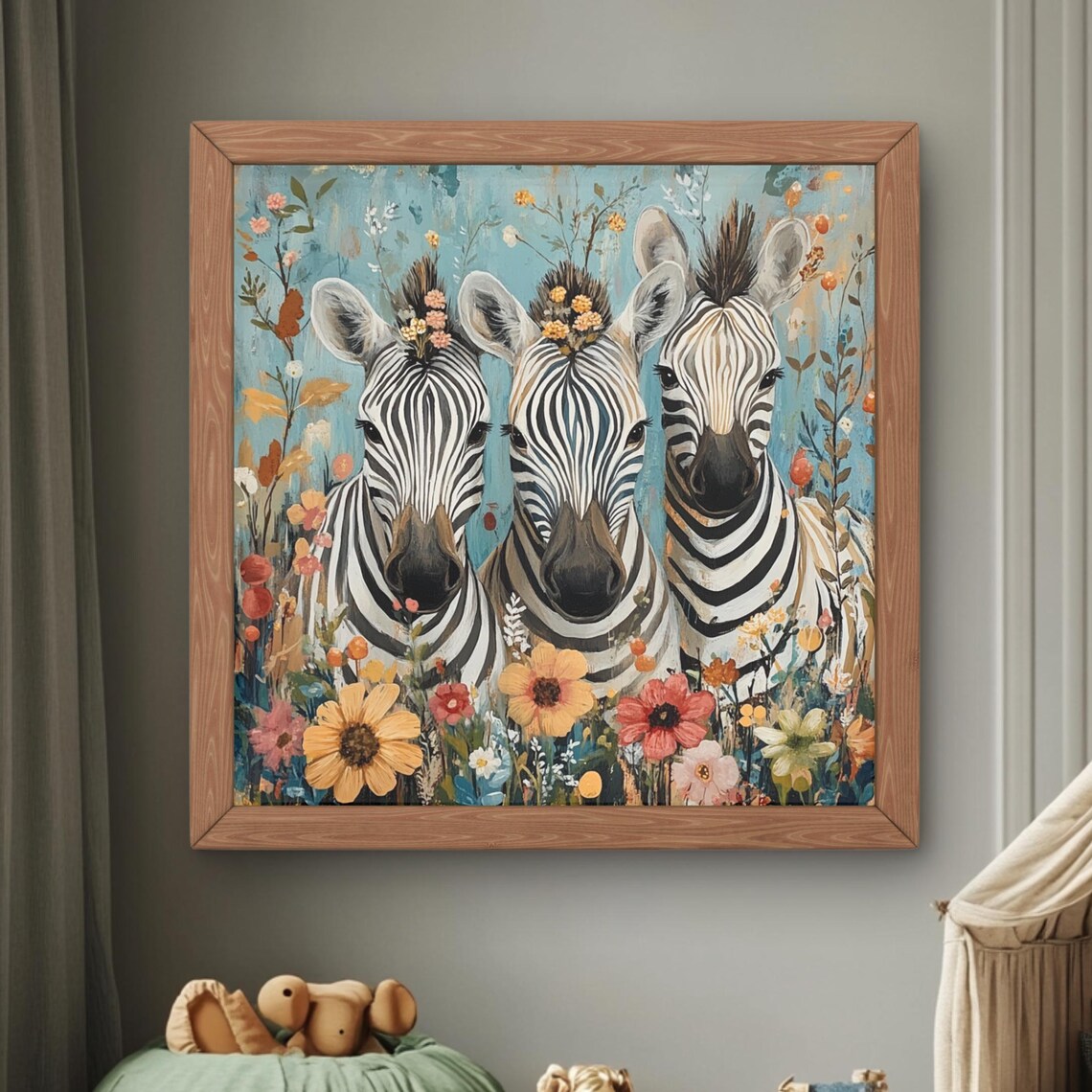 Three Baby Zebras Flower Garden Nursery Kids Room Safari Print Art