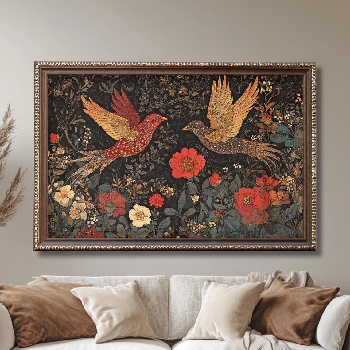 William Morris Inspired Red Golden Birds Dark Floral Vintage Poster