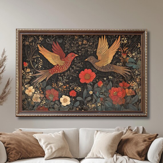 William Morris Inspired Vintage Botanical Birds Wall Art Floral Print Nature Decor Gift For Lover