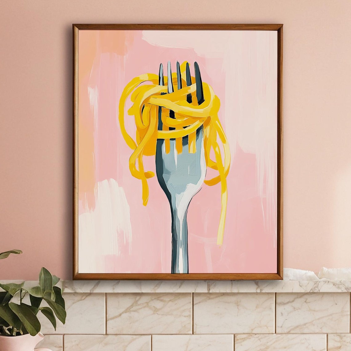 Golden Spaghetti Pasta Twirled on Fork Pink Kitchen Art Poster