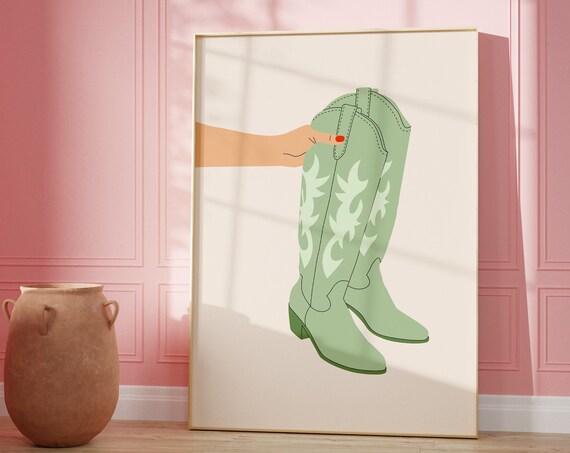 Sage Green Cowgirl Boots Preppy Western Minimalist Art Poster