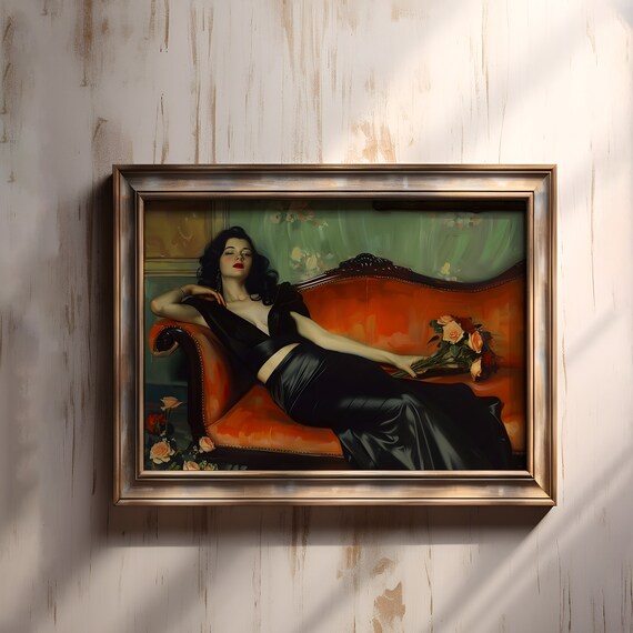 Reclining Woman In Black Satin Gown On Red Chaise Portrait Poster