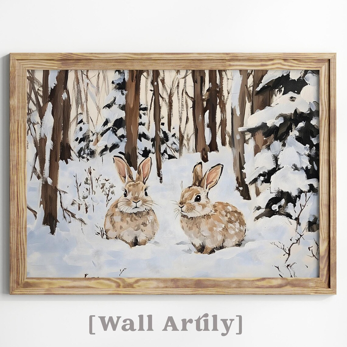 Snowy Forest Bunnies Winter Woodland Oil Painting Animal Poster