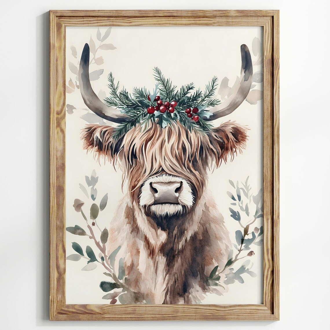 Highland Cow Mistletoe Crown Watercolor Christmas Animal Poster