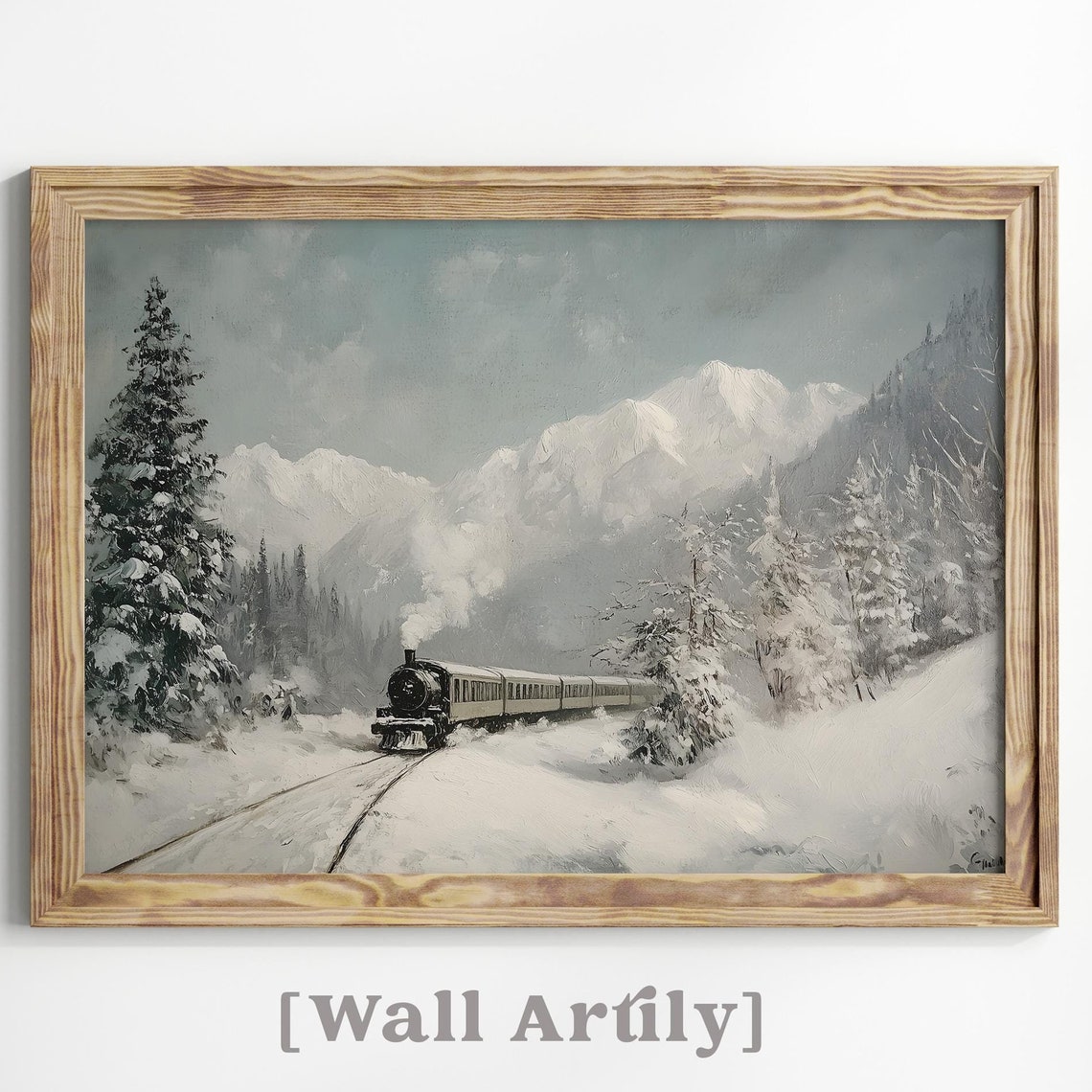 Vintage Steam Train Snowy Mountain Winter Christmas Railway Poster