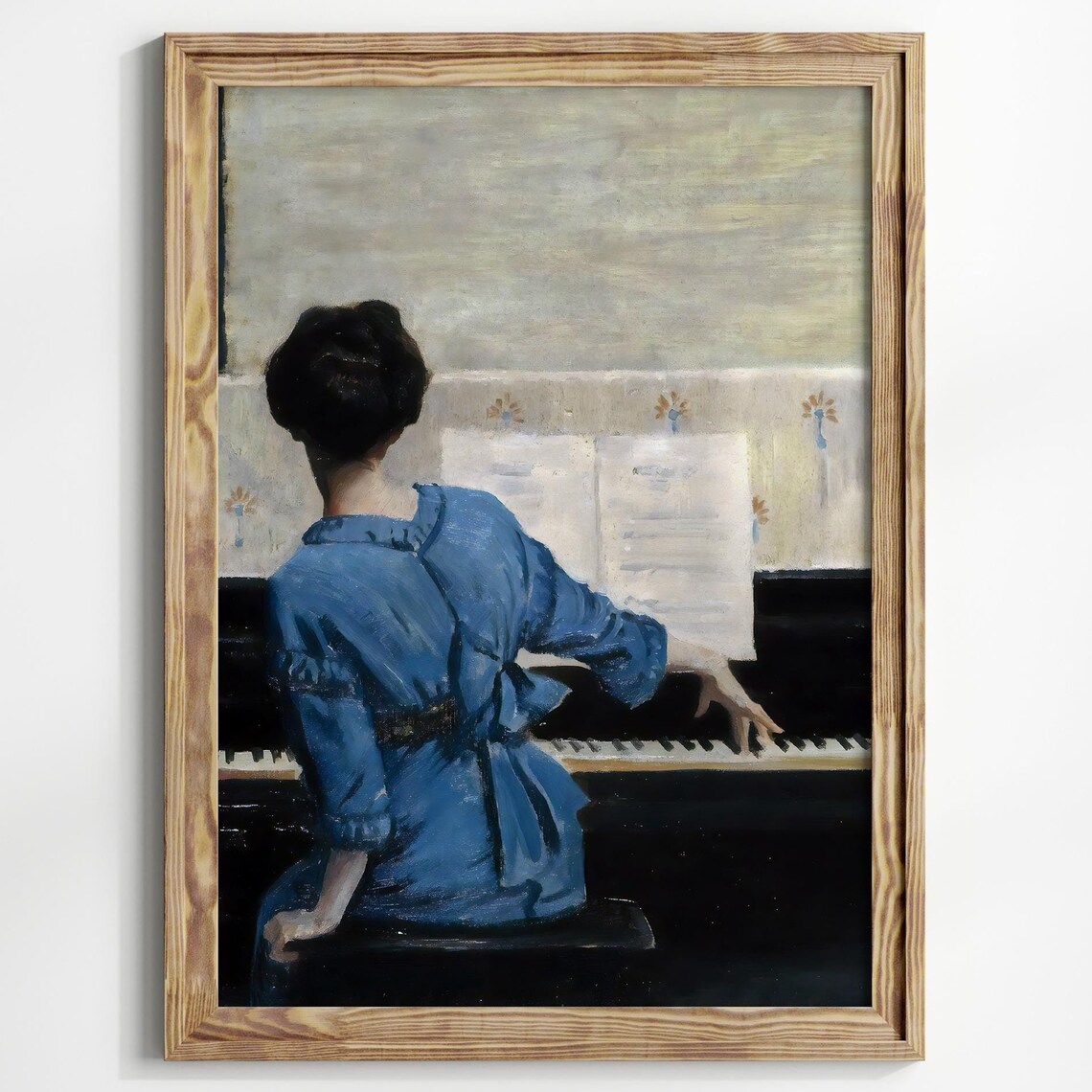 Woman Playing Piano Blue Dress Vintage Music Room Art Poster