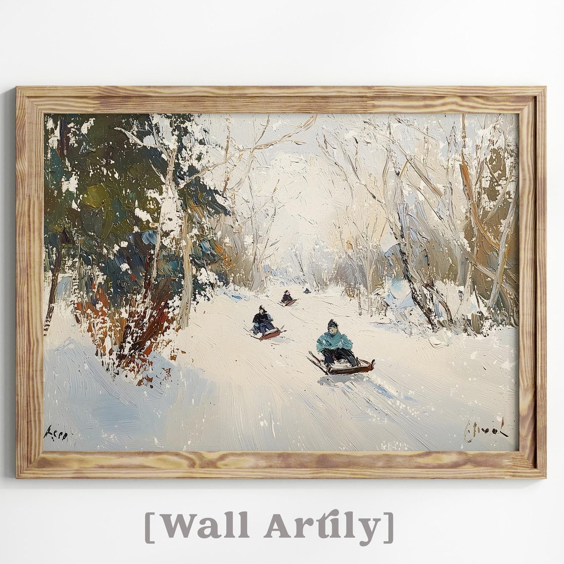 Impressionist Children Sledding Down A Snowy Hill Painting Poster