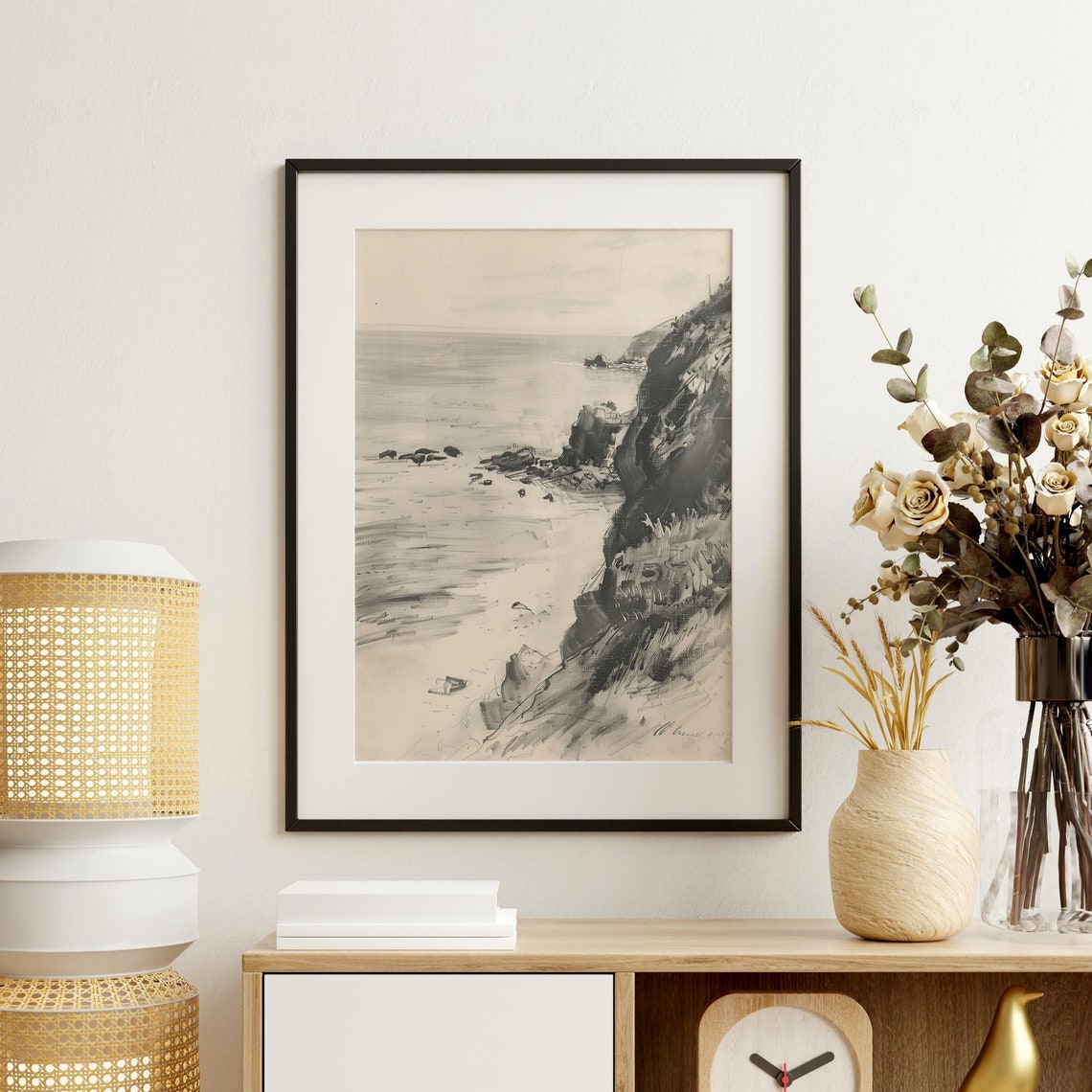 Grayscale Seaside Cliffs Ink Sketch Neutral Minimalist Coast Wall Art