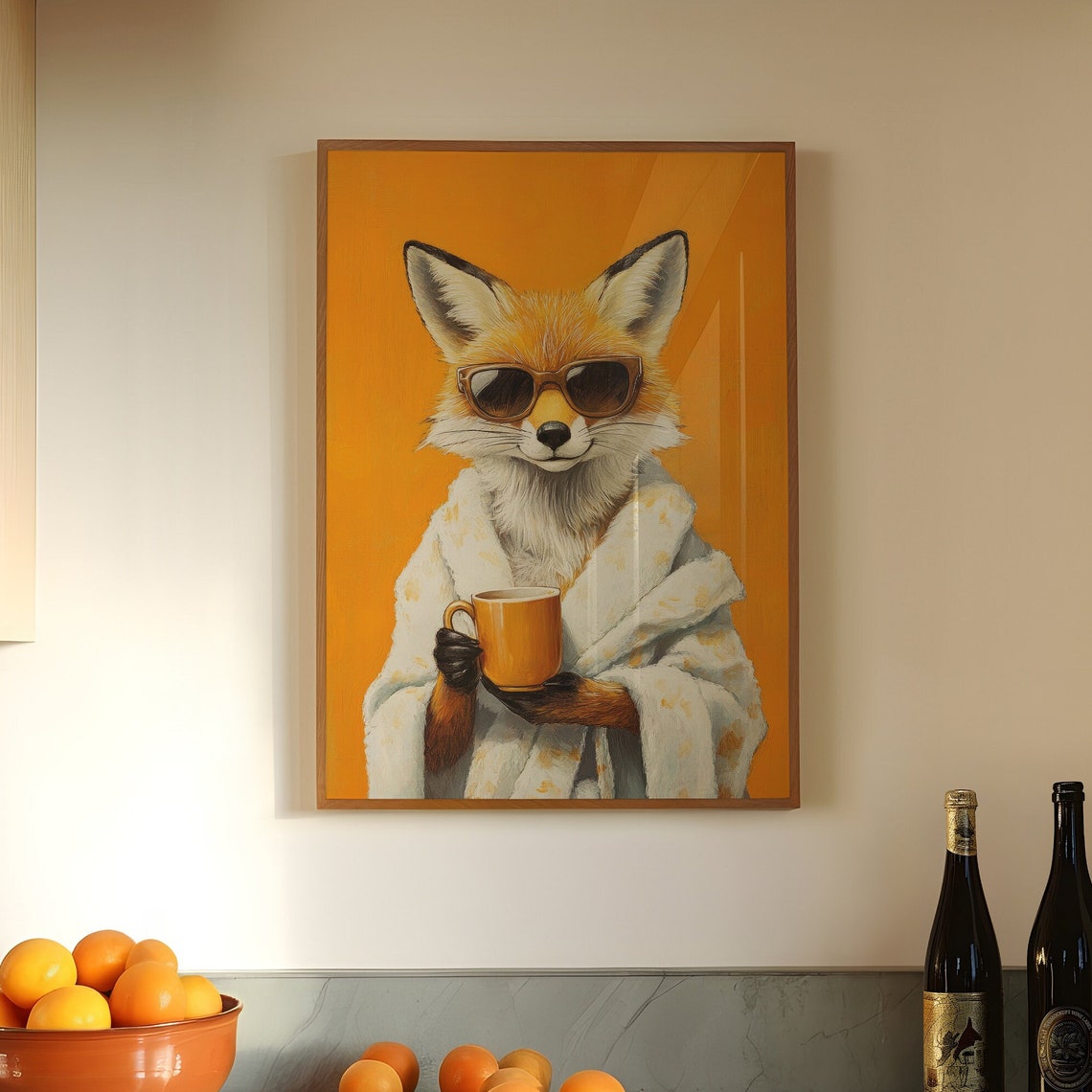 Smiling Fox in Sunglasses Bathrobe Morning Coffee Orange Poster