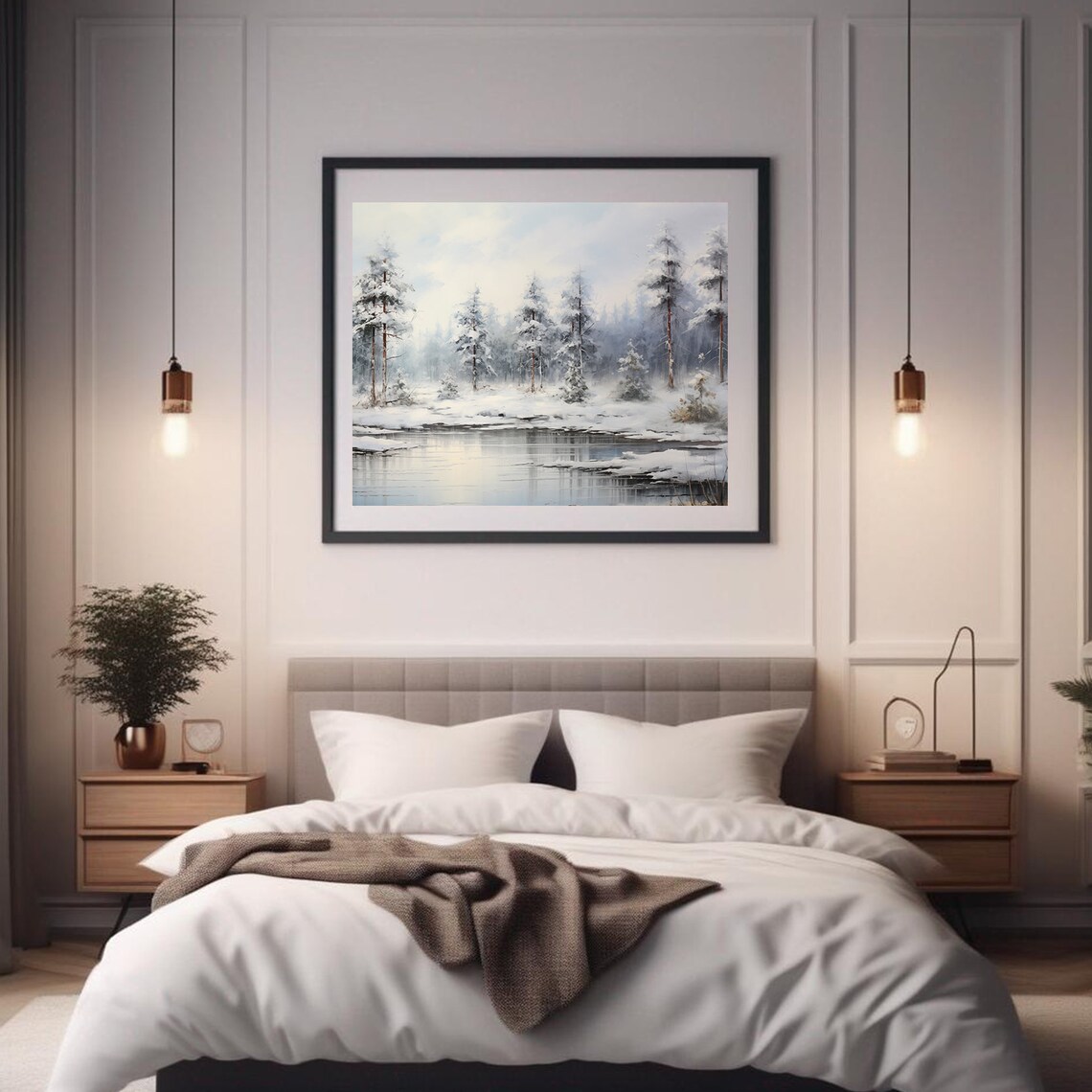 Snowy Winter Forest Painting Icy Pond Snow Covered Pines Nature Poster - Image 2
