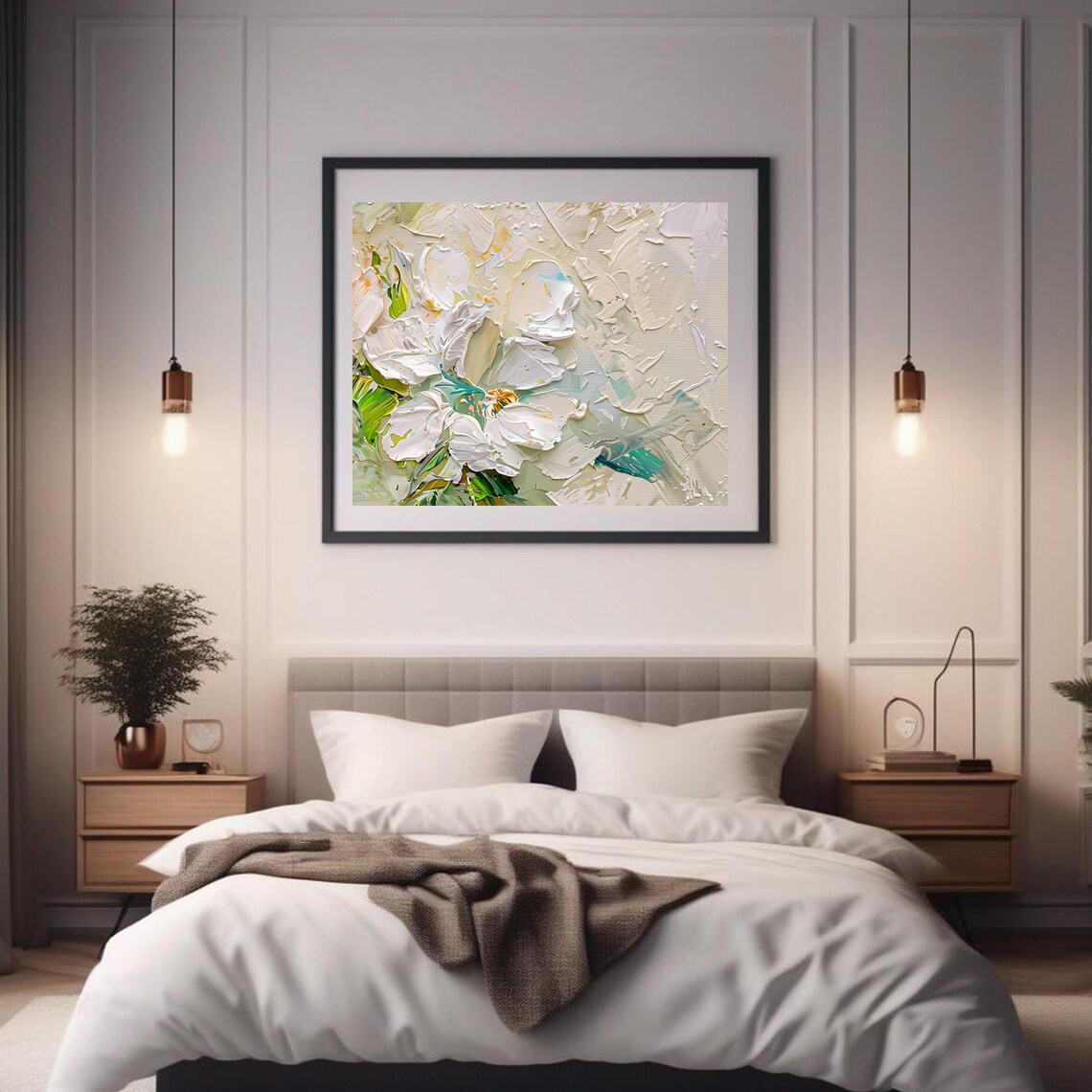 White Blossom Oil Painting Textured Impasto Floral Bouquet Art Poster - Image 2