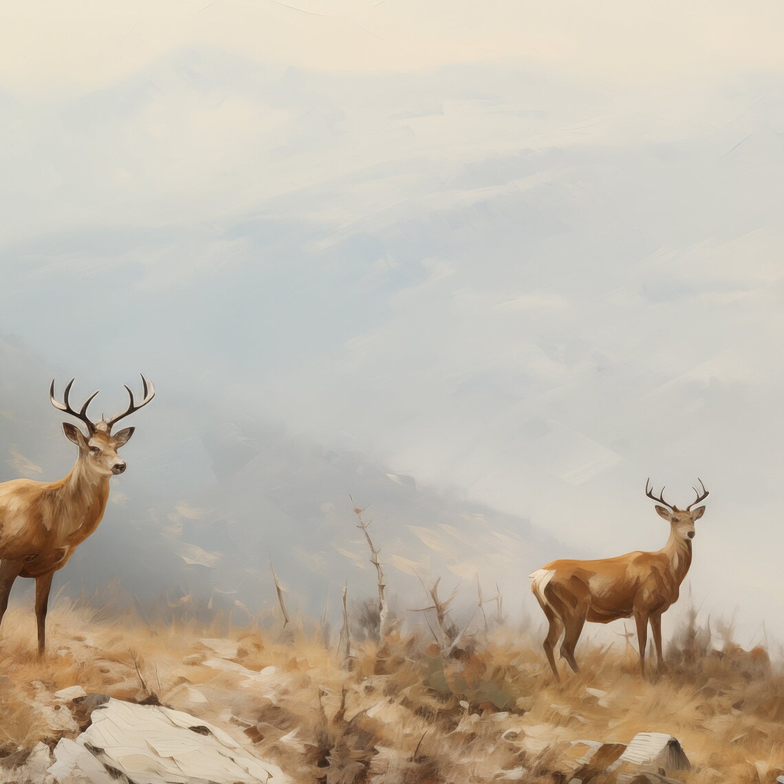 Vintage Foggy Mountain Deer Stags Wildlife Oil Painting Wall Art Print - Image 6