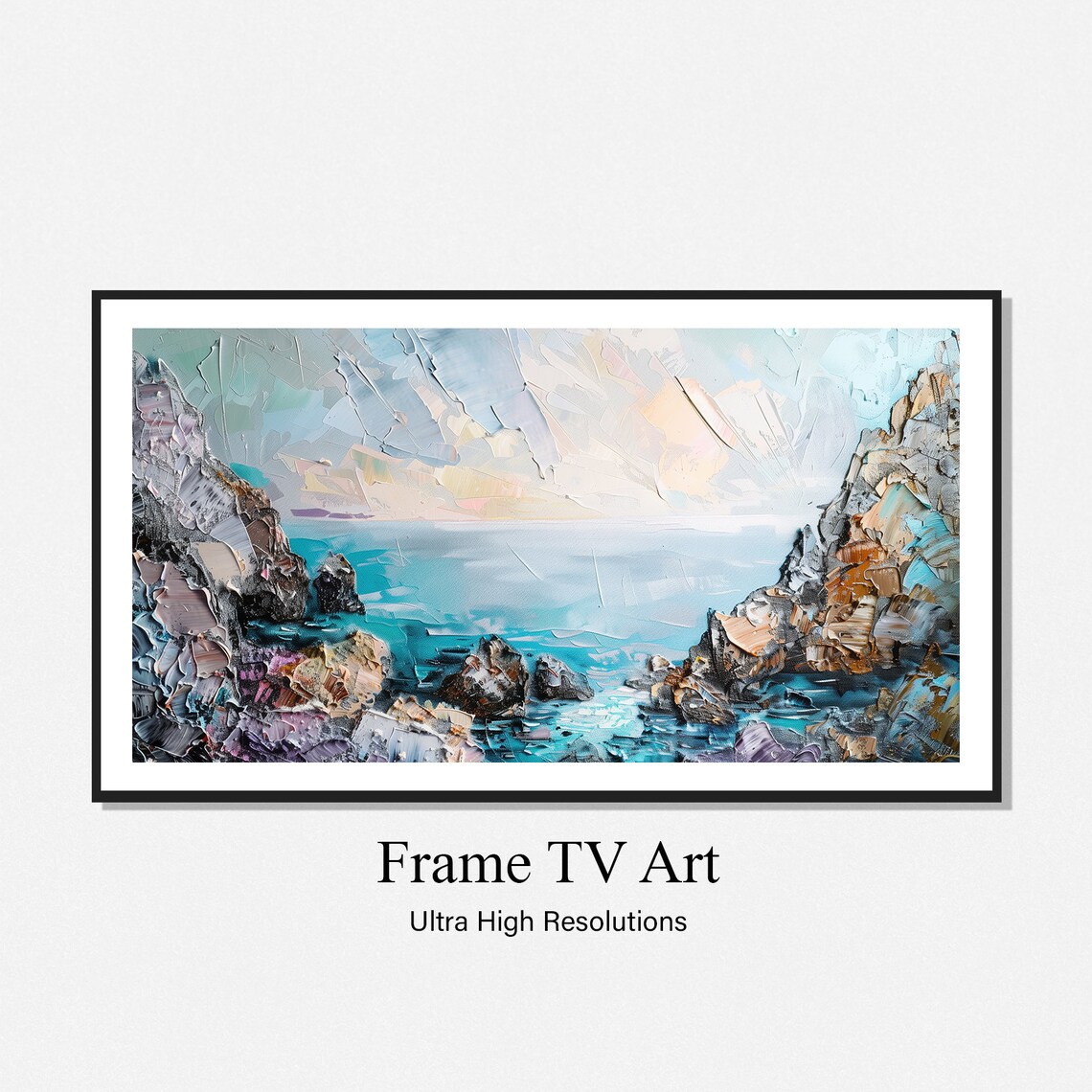 Turquoise Ocean Cove Painting Rocky Cliffs Blue Sea Horizon Art Poster - Image 2