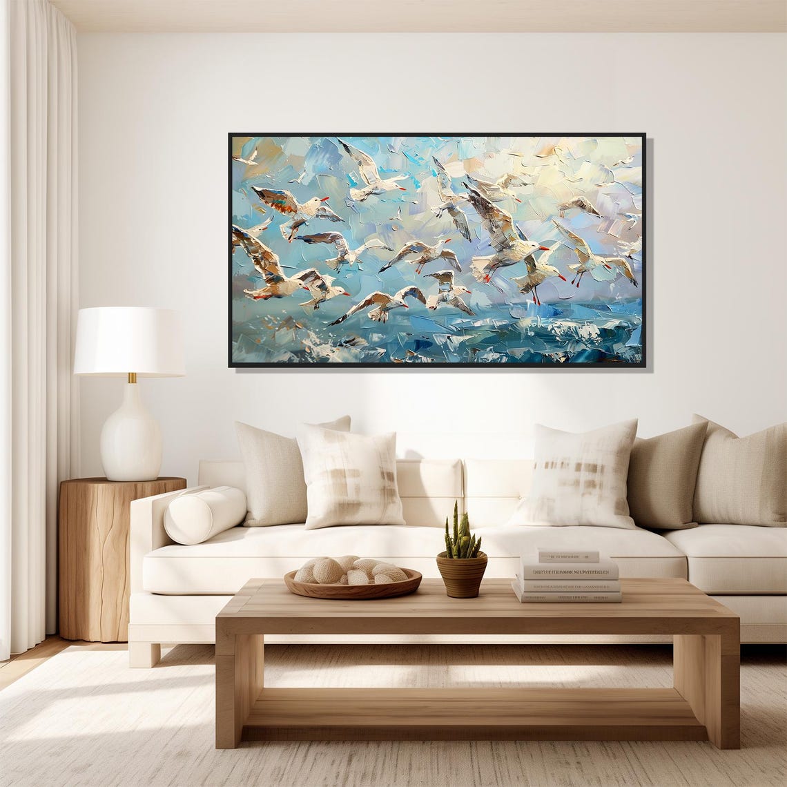 Seagull Flock Soaring Over Blue Sea Sky Dynamic Painting Poster - Image 5