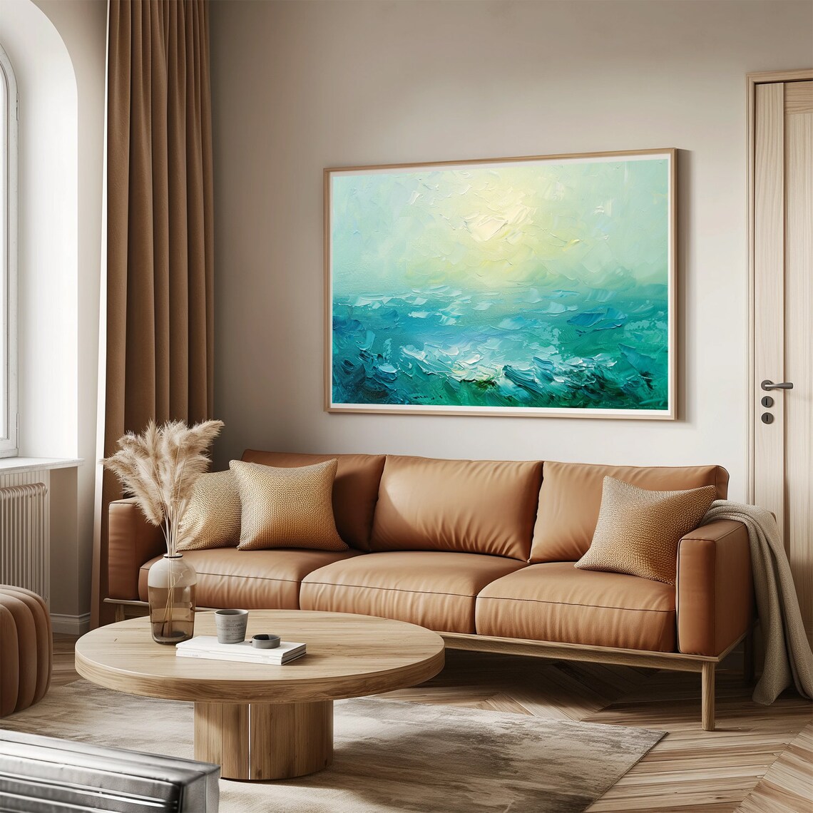 Green Sea Abstract Painting Teal Waves Misty Horizon Calm Art Poster - Image 3