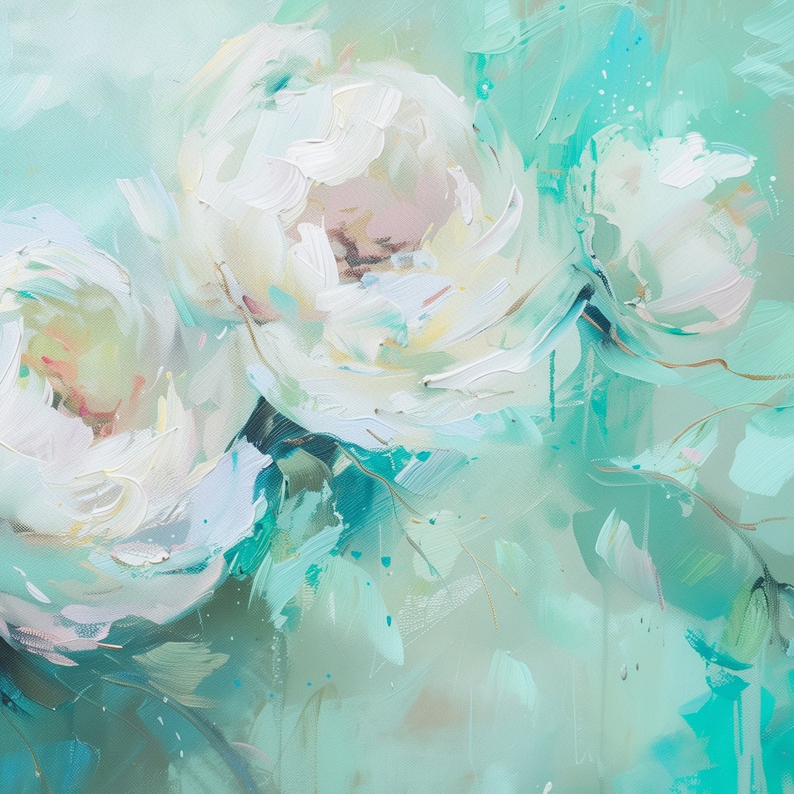 White Peonies Mint Green Impressionist Floral Modern Painting Wall Art - Image 6