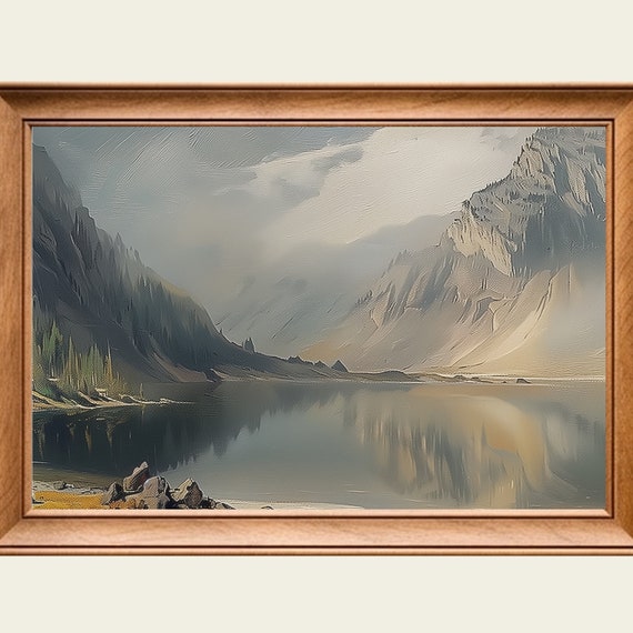 Vintage Mountain Lake Oil Painting Wall Art Print Frame Tv Art Tv