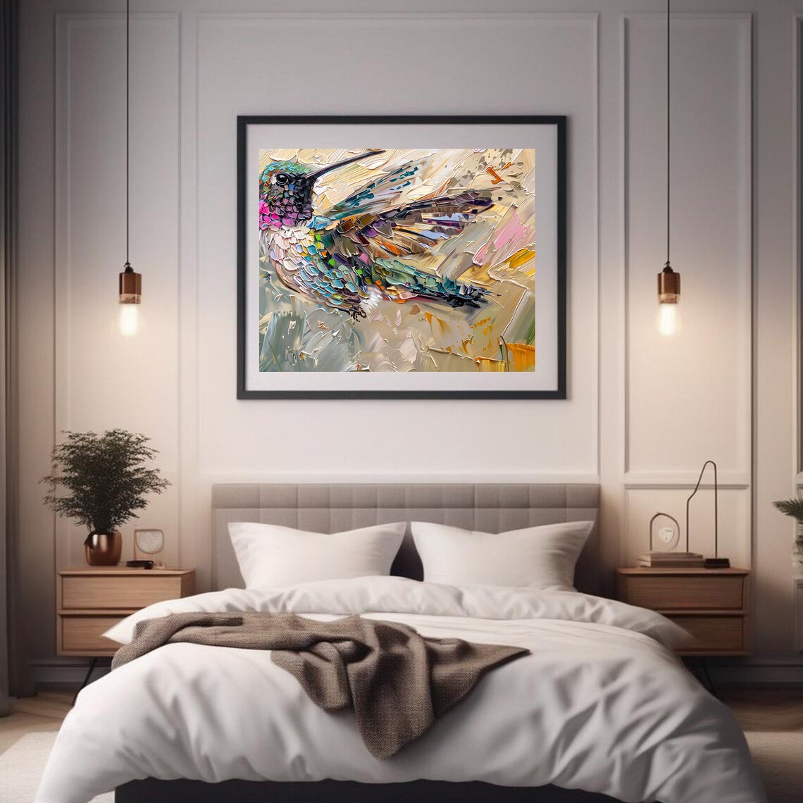 Jewel Tone Hummingbird Close Up Impasto Oil Painting Wall Art Print - Image 2