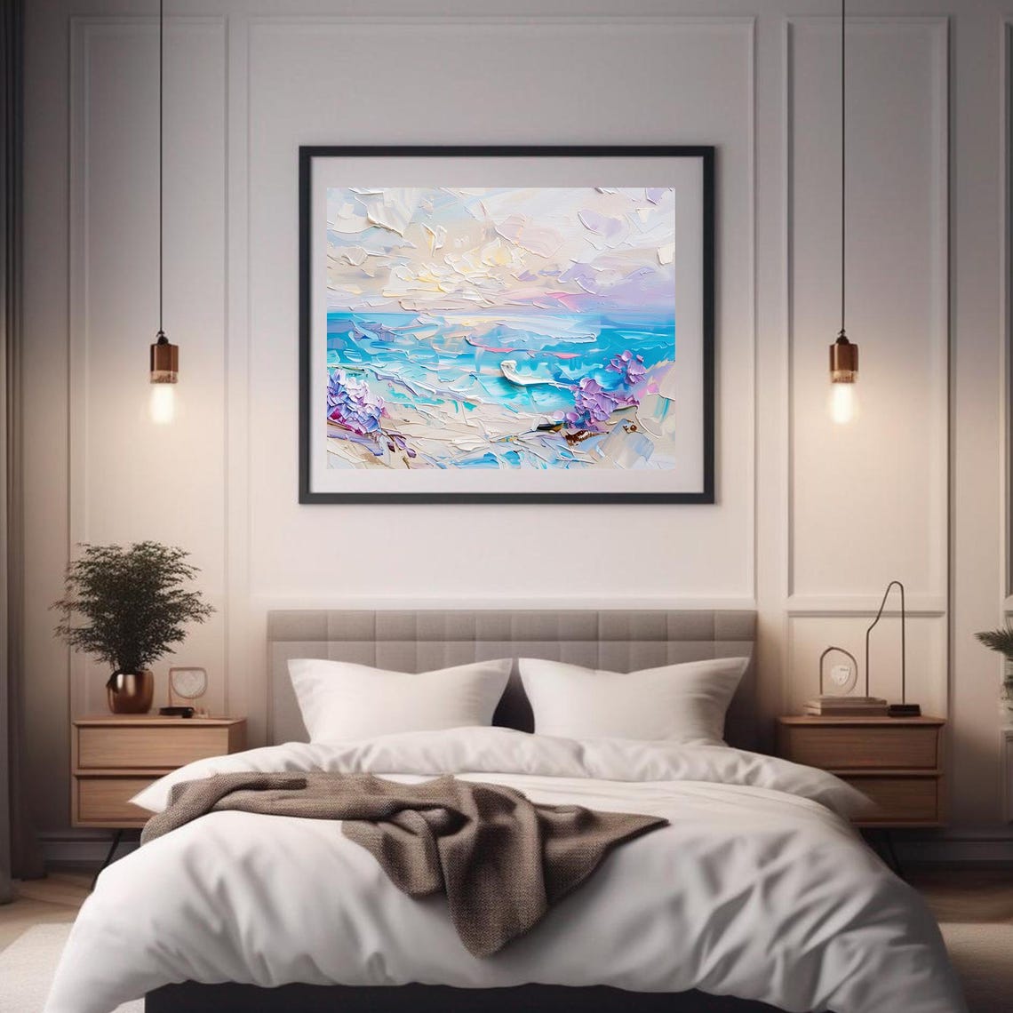 Pastel Beach Scene Ocean Waves Flowers Dreamy Coastal Art Poster - Image 2