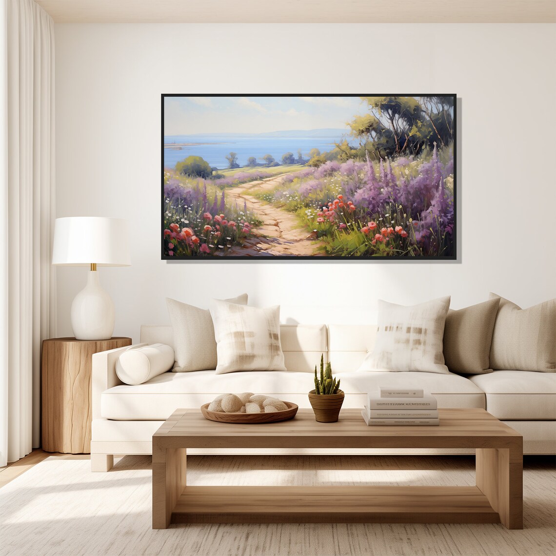 Vintage Coastal Spring Wildflower Path Ocean View Oil Painting Poster - Image 3