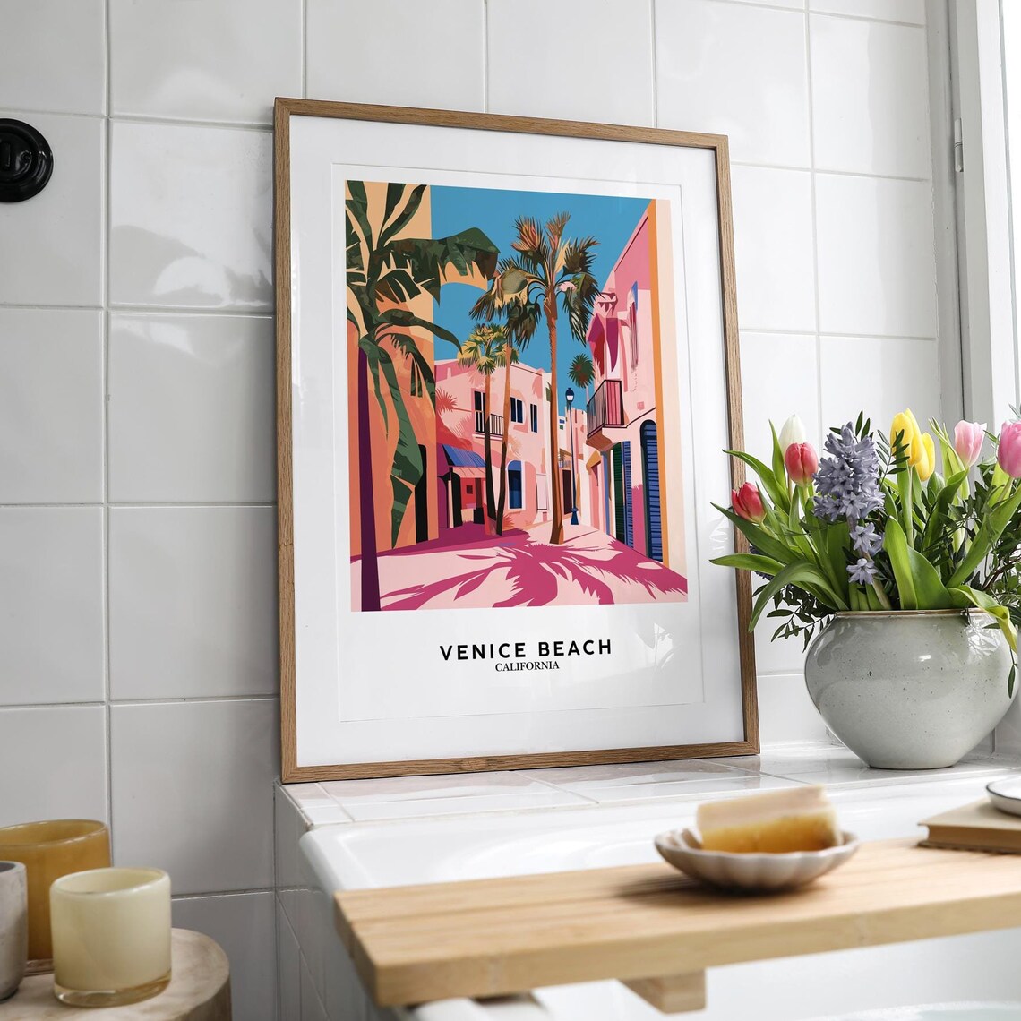 Venice Beach California Travel Poster With Pink Street And Palm Trees