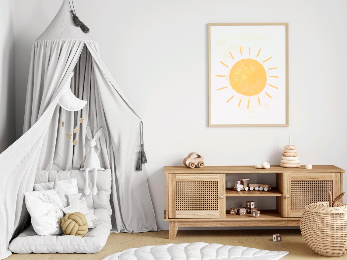 Golden Yellow Sun Watercolor Sunshine Doodle Nursery Kids Wall Art - Image 2