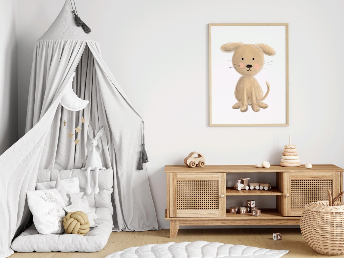 Cute Tan Puppy with Floppy Ears Watercolor Nursery Kids Wall Art - Image 2