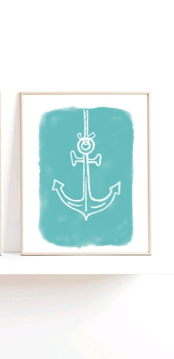 White Anchor Line Art Turquoise Watercolor Coastal Beach Poster