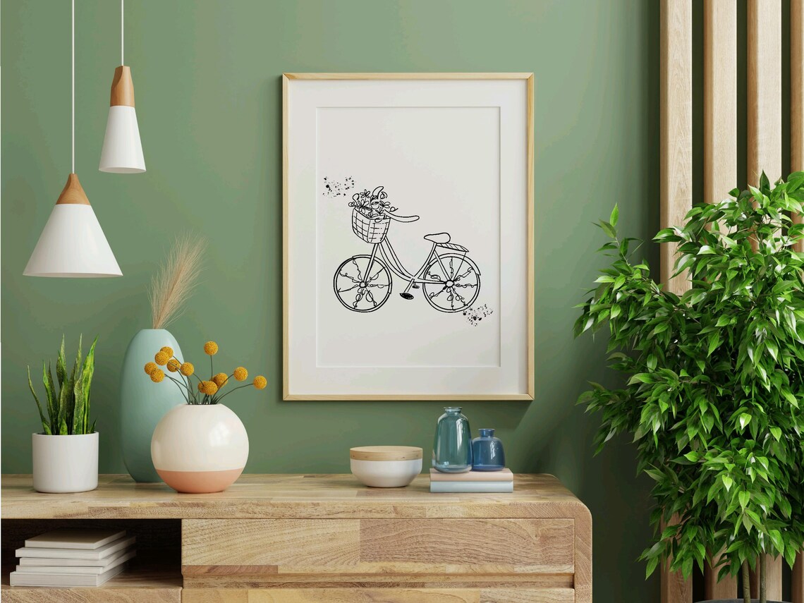 Vintage Bicycle with Flower Basket Line Sketch Nursery Wall Art - Image 2