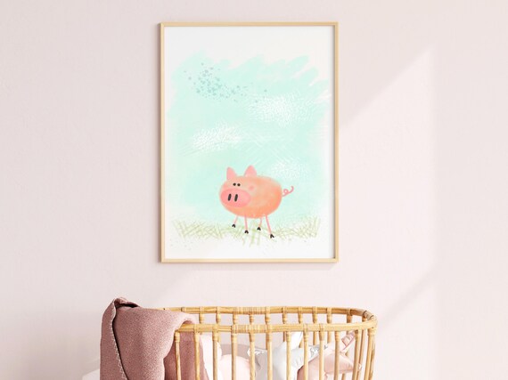 Cute Pink Baby Pig Watercolor Farm Animal Nursery Kids Wall Art
