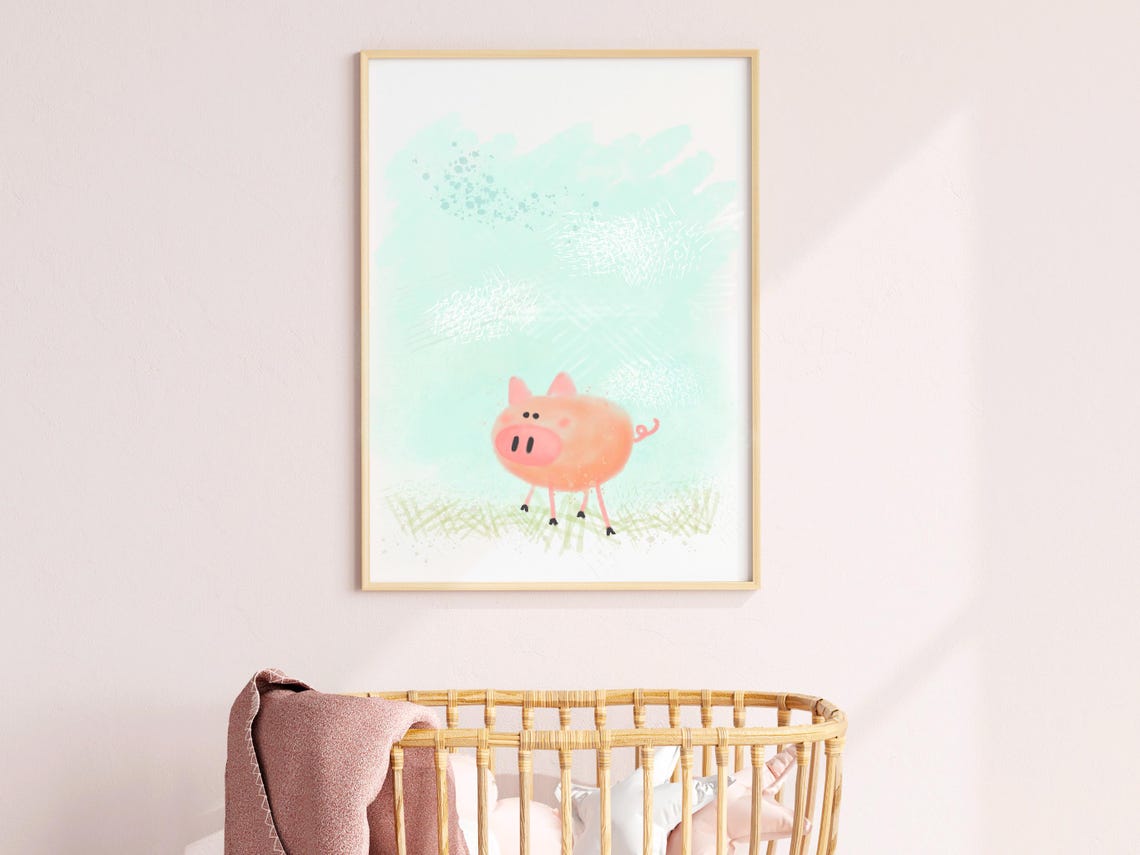 Farm Prints Boys Room Pig Wall Art Nursery Deco Sketch Animal Theme Decor Baby